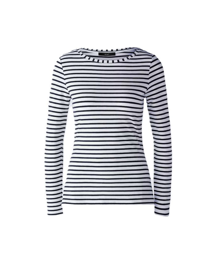 Shirt Oui SUMIKO navy und weiß. Oui Shirt mit Streifen. Der gerade Schnitt sorgt für eine moderne Silhouette, während die weiche, hochwertige Materialqualität einen angenehmen Tragekomfort bietet.