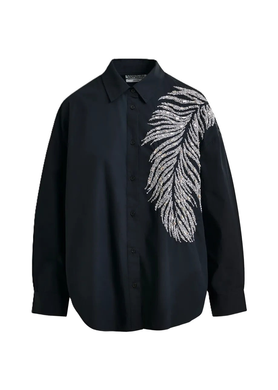 Hemd-Essentiel-Antwerp-Iliza-Oversized-Pailletten-Strass- Perlenverzierungen-Feder-schwarz