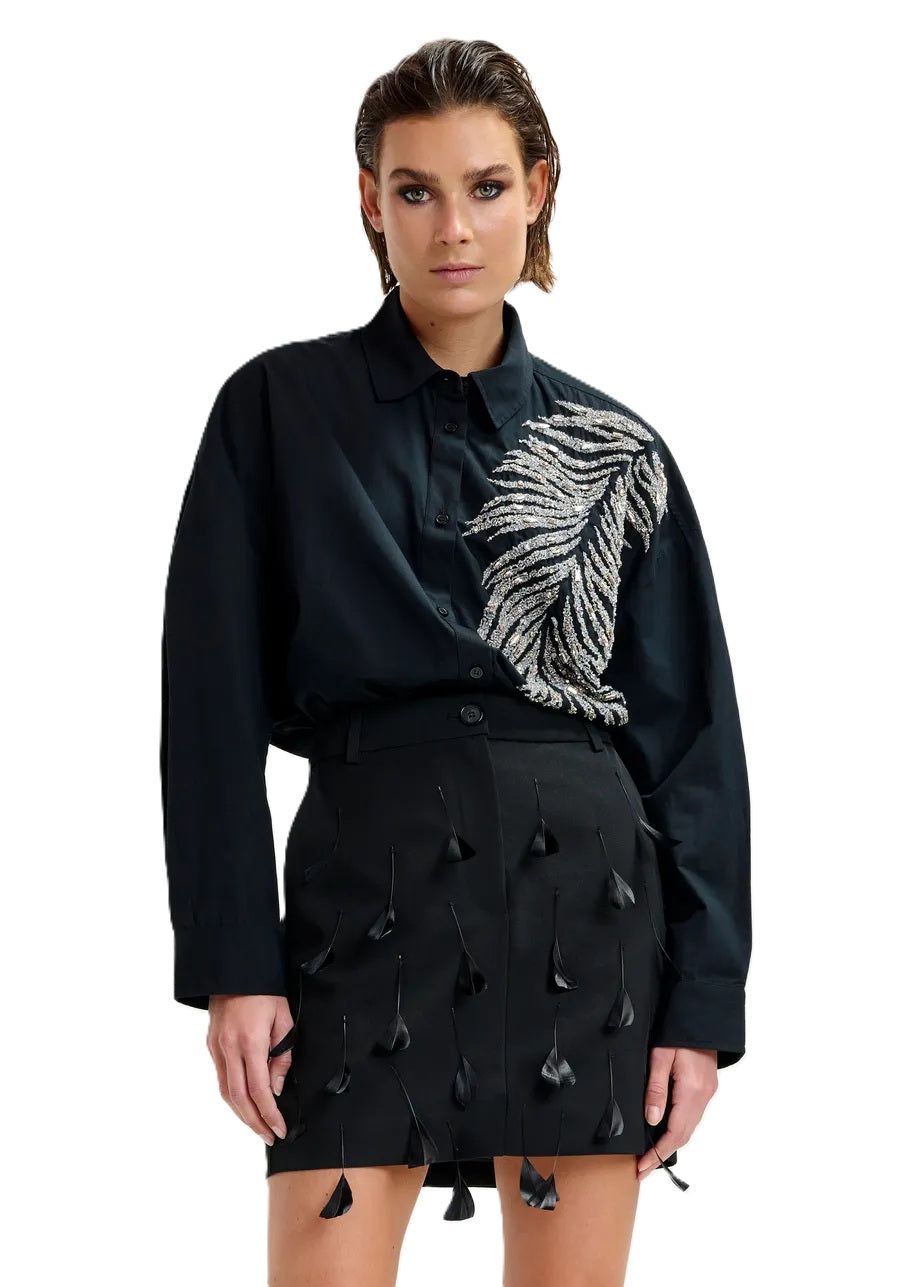 Hemd-Essentiel-Antwerp-Iliza-Oversized-Pailletten-Strass- Perlenverzierungen-Feder-schwarz