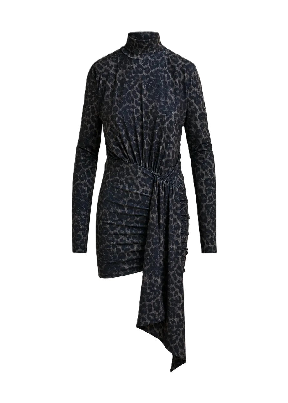 Kleid-Essentiel-Antwerp-Imortel-Rollkragen-Kellerfalte-Minikleid-Leoprint-braun-schwarz