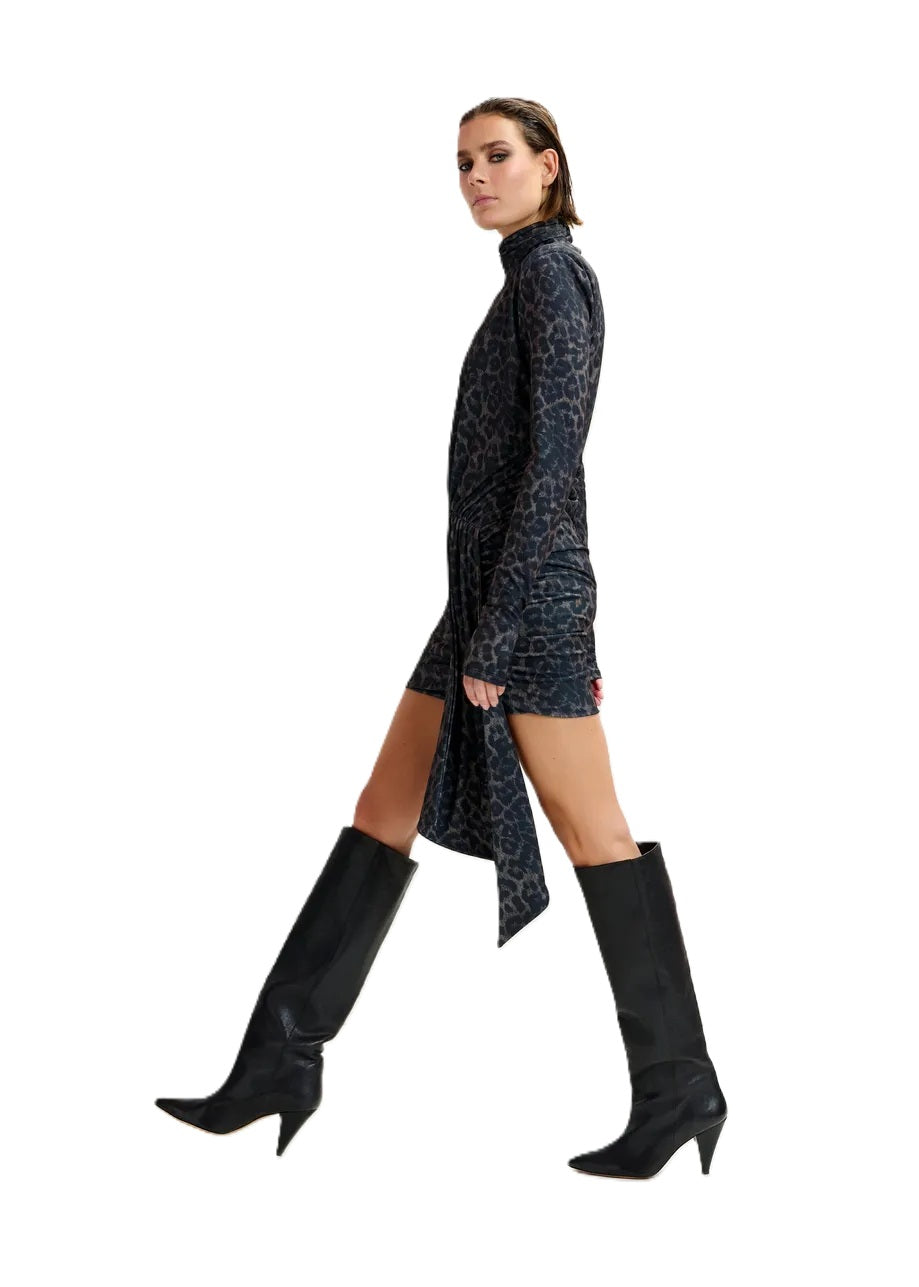 Kleid-Essentiel-Antwerp-Imortel-Rollkragen-Kellerfalte-Minikleid-Leoprint-braun-schwarz