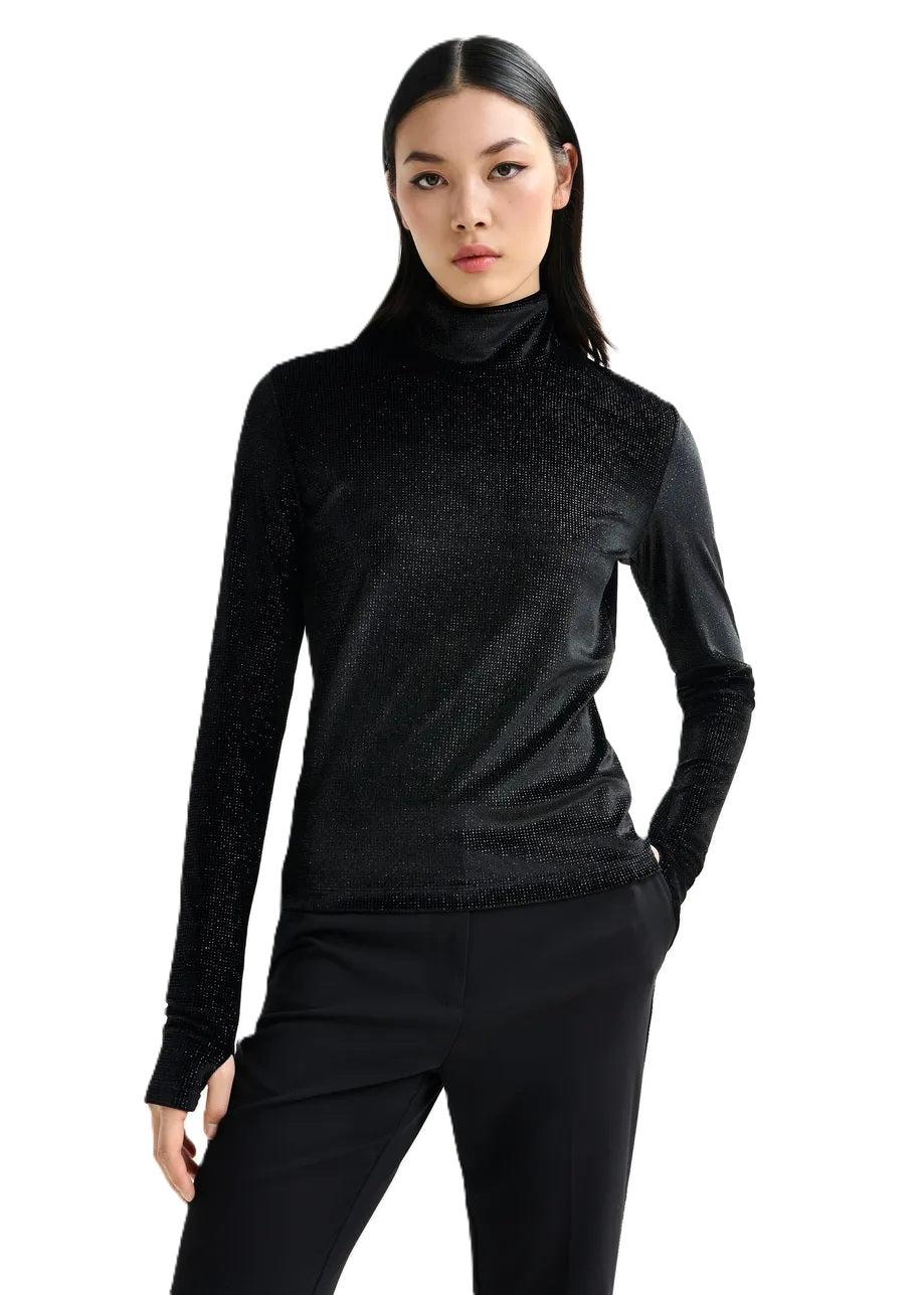 Shirt-Essentiel-Antwerp-Indienne-Rollkragen-Langarm-Stretch-Jersey-Glitzer-Schwarz
