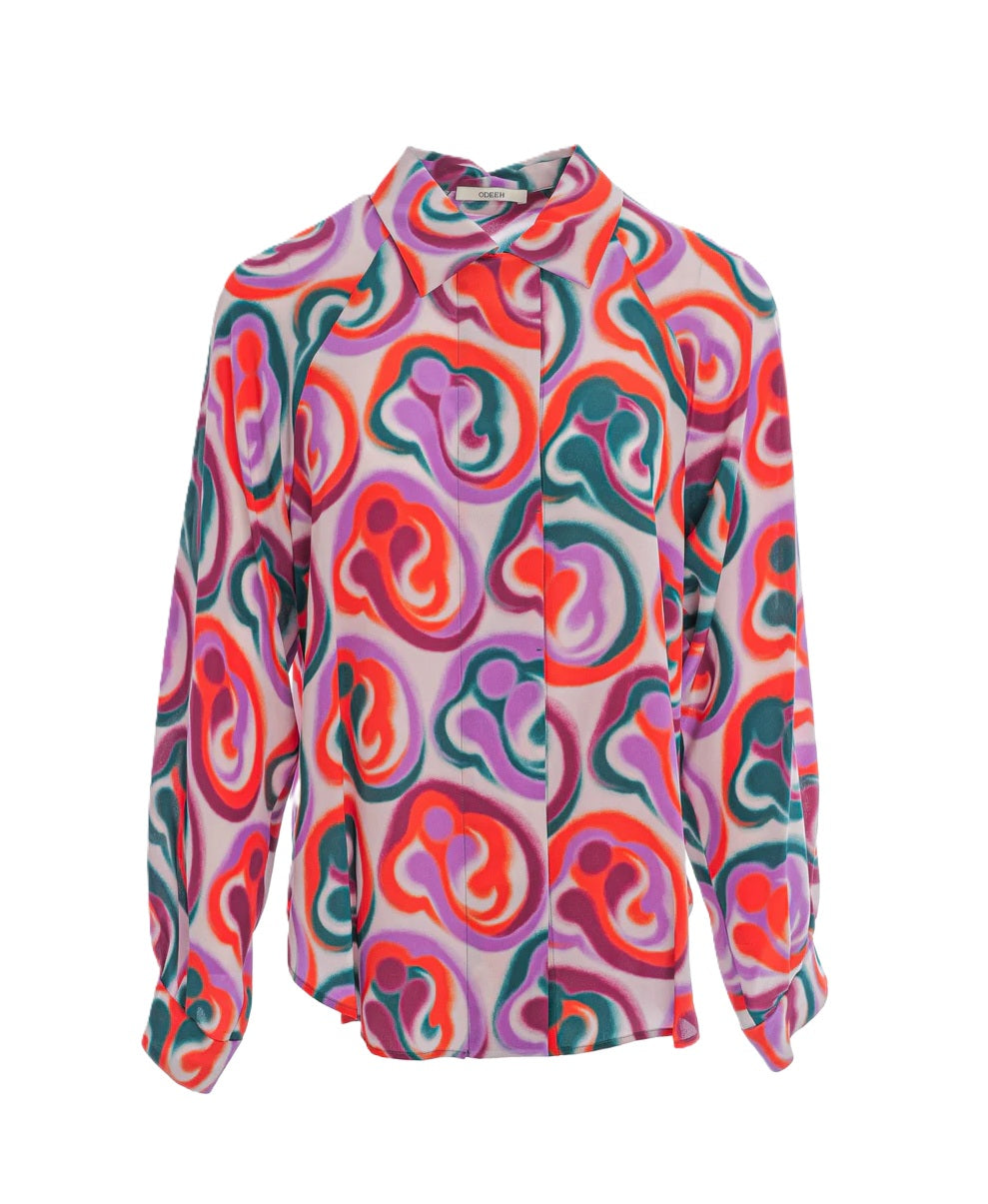 Bluse-Odeeh-phantasie-gemustert-Hemd-Kragen-Seide-bunt-blood-orange