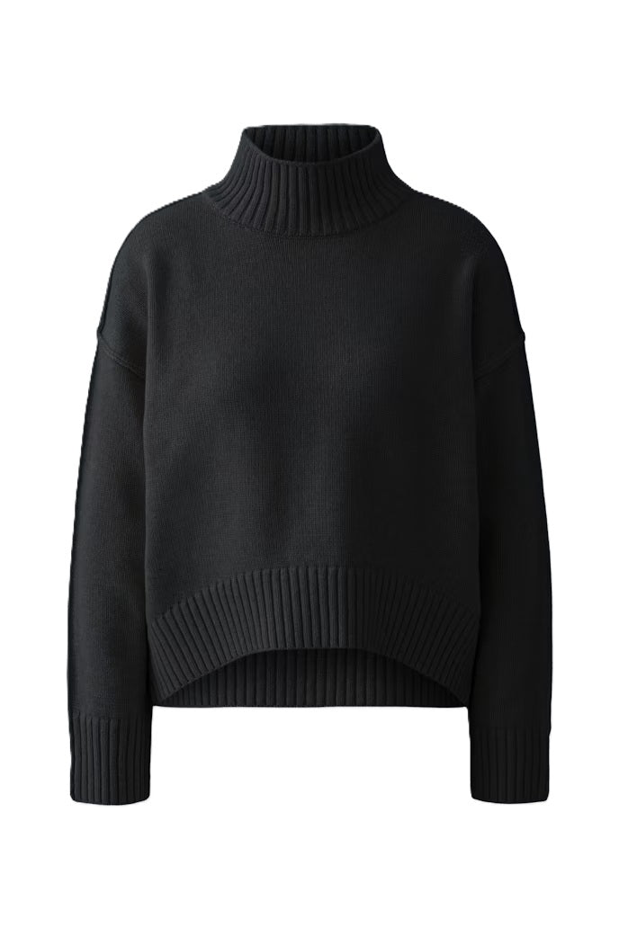 Pullover-Oui-schwarz-Stehkragen-Abgerundeter Saum-Hinten laenger 