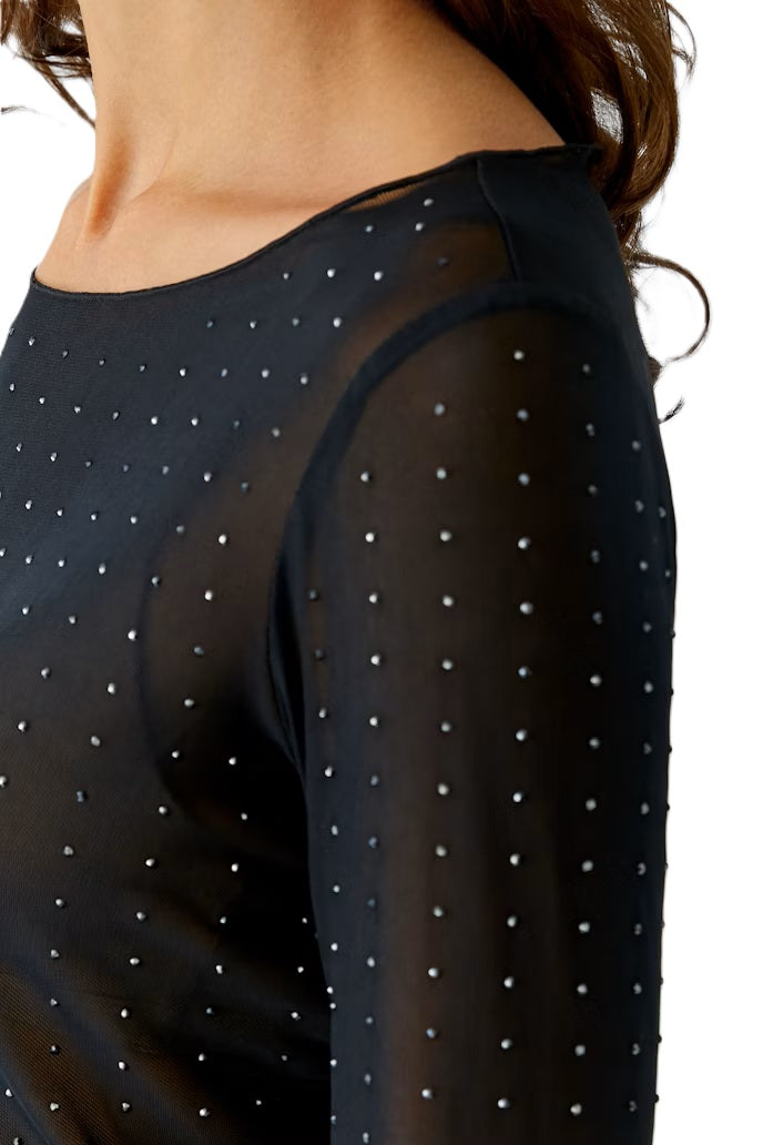T-Shirt-Oui-Netz-Steinchen-transparent-rundhalsauschnitt-schwarz