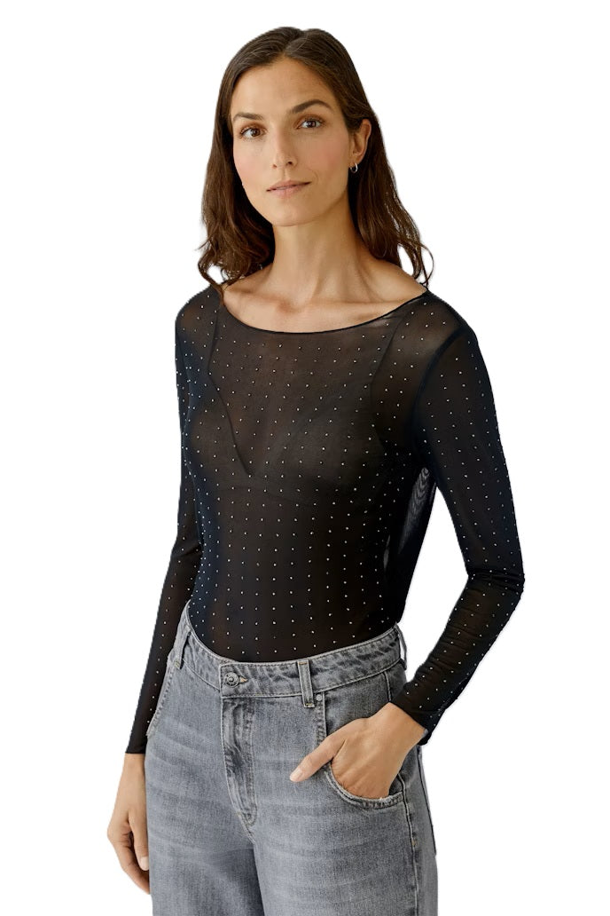 T-Shirt-Oui-Netz-Steinchen-transparent-rundhalsauschnitt-schwarz
