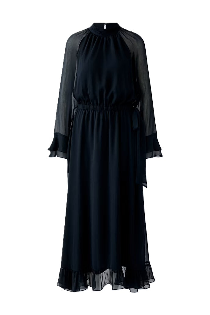 Kleid-Oui-schwarz-Chiffon-transparent-Stehkragen--Maxilaenge-langarm