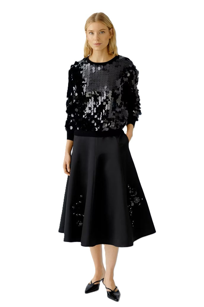 Rock-Oui-Midilaenge-Pailletten-Blueten-Zip-schwingend-schwarz