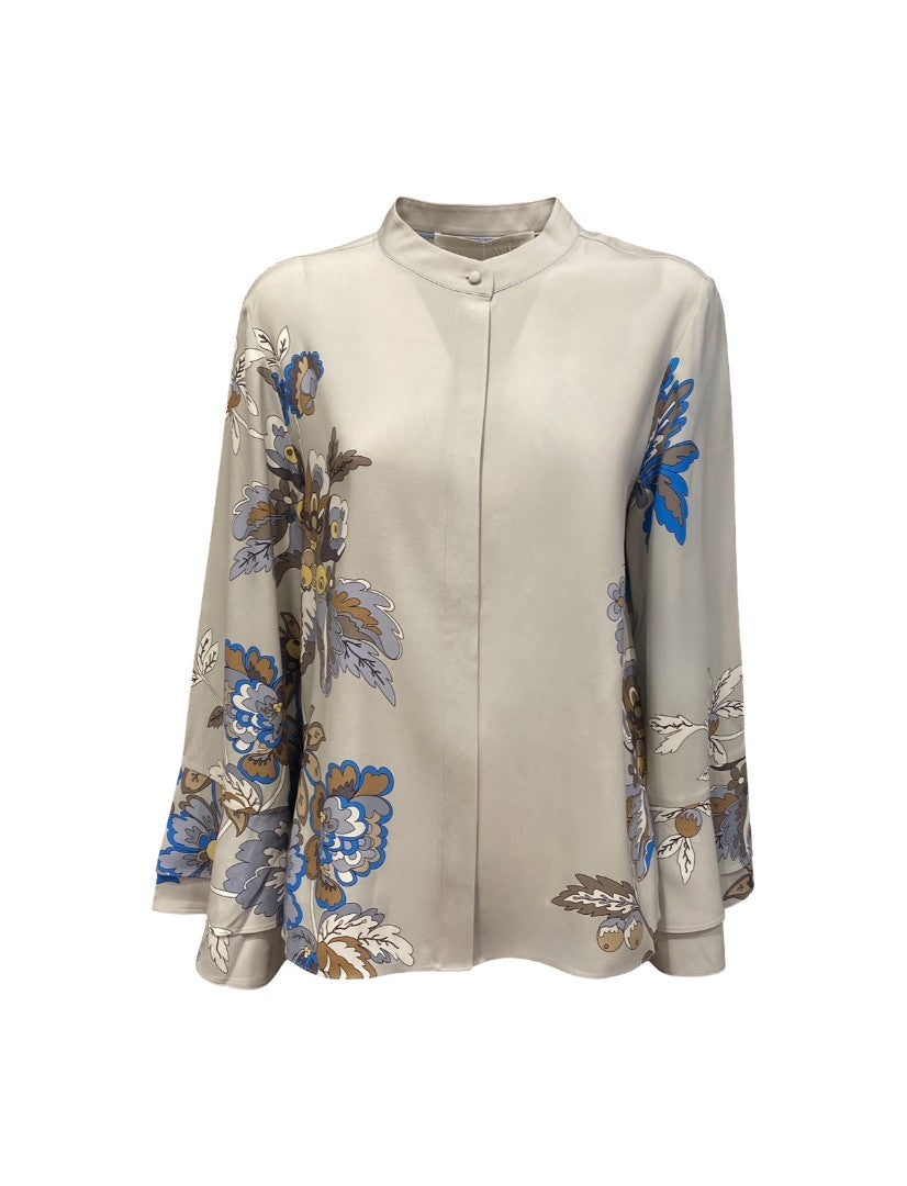 Bluse-Herzensangelegenheit-Seide-Trompetenärmeln-Floraler-Print-grau