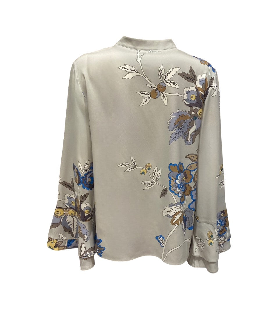 Bluse-Herzensangelegenheit-Seide-Trompetenärmeln-Floraler-Print-grau