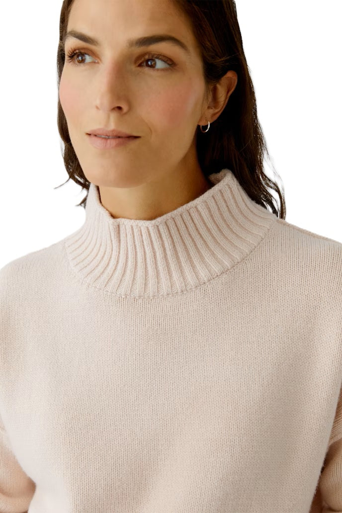 Pullover-Oui-sepia-rose-beige-Stehkragen-Abgerundeter Saum-Hinten laenger 