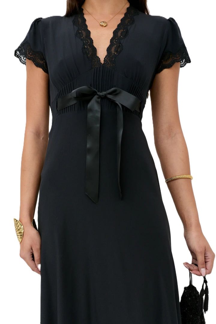 Kleid-Rixo-Marlice-Schleife-Taillienband-Spitze-schwarz