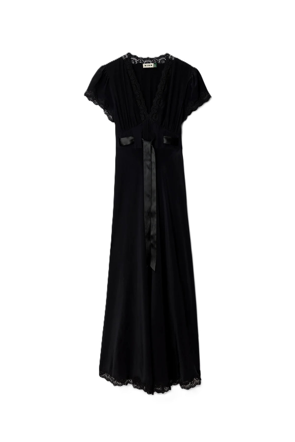 Kleid Rixo Marlice in schwarz. Das Kleid aus leichtem Seiden-Crêpe de Chine überzeugt mit einer eleganten, fließenden Silhouette. Der tiefe V-Ausschnitt, die Empire-Taille mit verstellbarem Satintaillenband und feinen Spitzenborten unterstreichen den femininen Charakter des Designs. Dank des verdeckten Reißverschlusses an der Seite und der knöchellangen Passform ist es sehr feminin.