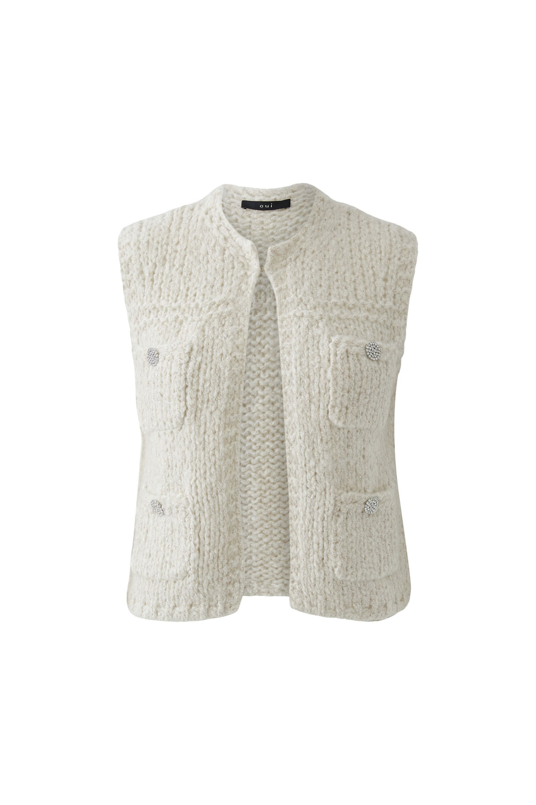 Weste-Oui-Strick-Taschen-Glitzerknöpfen-beige-creme