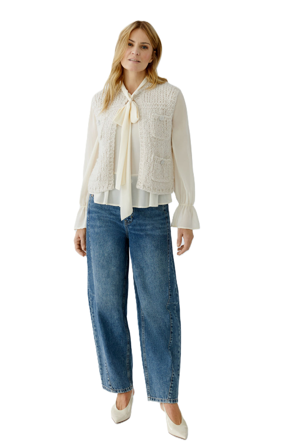 Weste-Oui-Strick-Taschen-Glitzerknöpfen-beige-creme