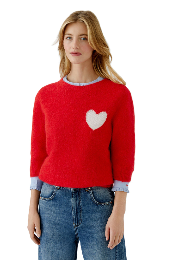 Pullover-Oui-3/4-Ärmel-Herzdetail-weiß-rot