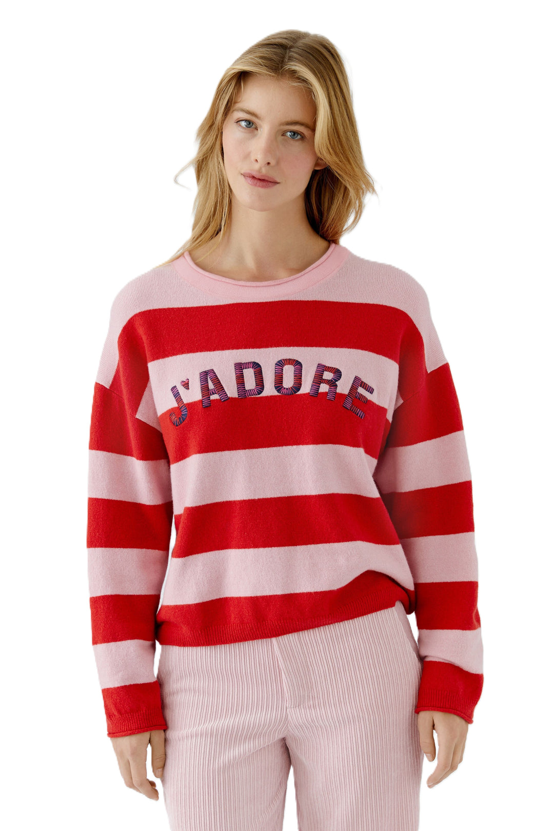 Pullover-Oui-Streifen-Spruch-Rundhals-rot-pink