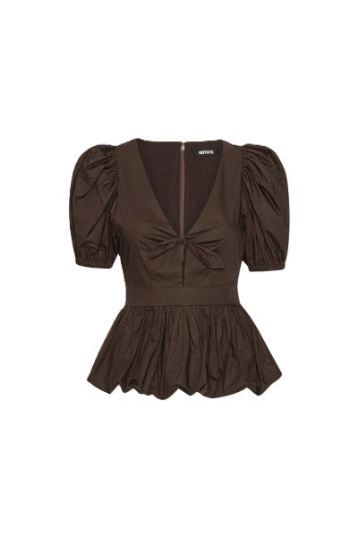 Top-Rotate-Puffärmel-Tailliert-schleife-braun