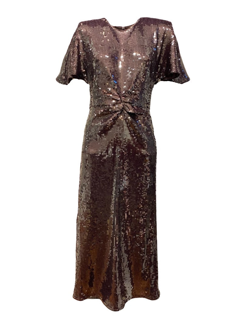 Kleid-Rotate-Maxikleid-Pailletten-Glitzer-Schulterpolster-bronze-braun