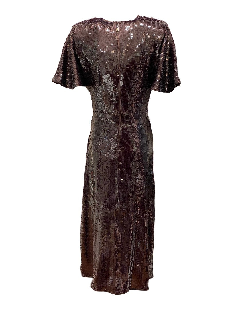 Kleid-Rotate-Maxikleid-Pailletten-Glitzer-Schulterpolster-bronze-braun