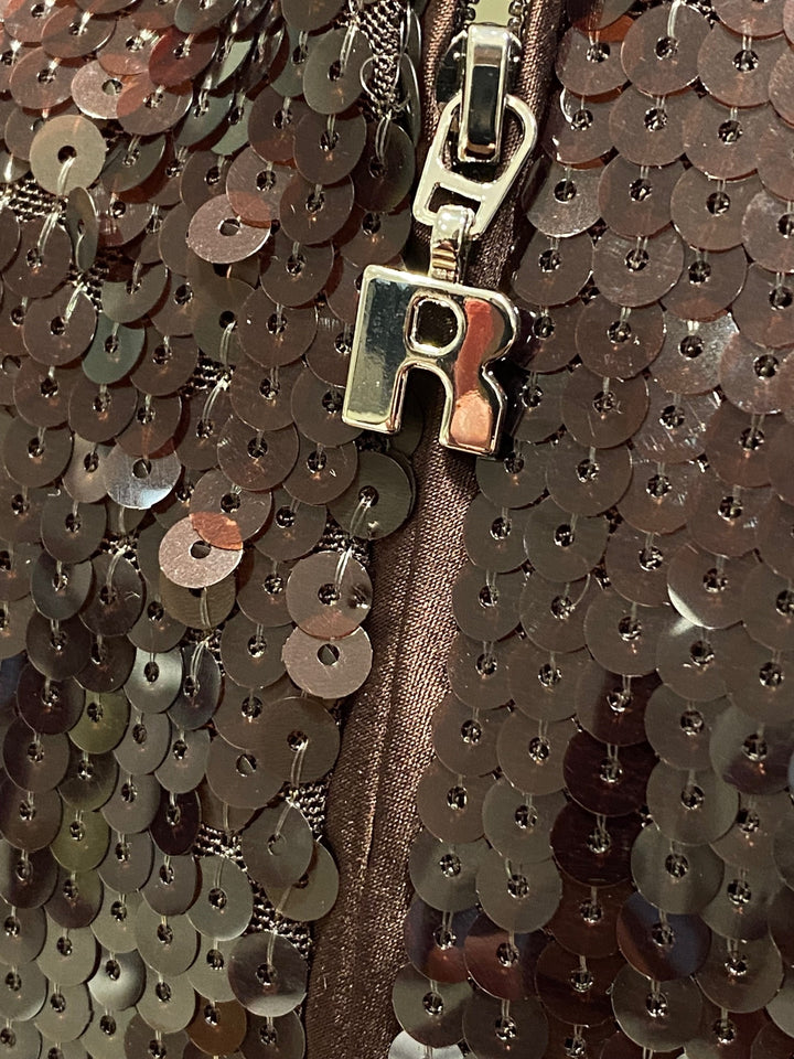 Kleid-Rotate-Maxikleid-Pailletten-Glitzer-Schulterpolster-bronze-braun