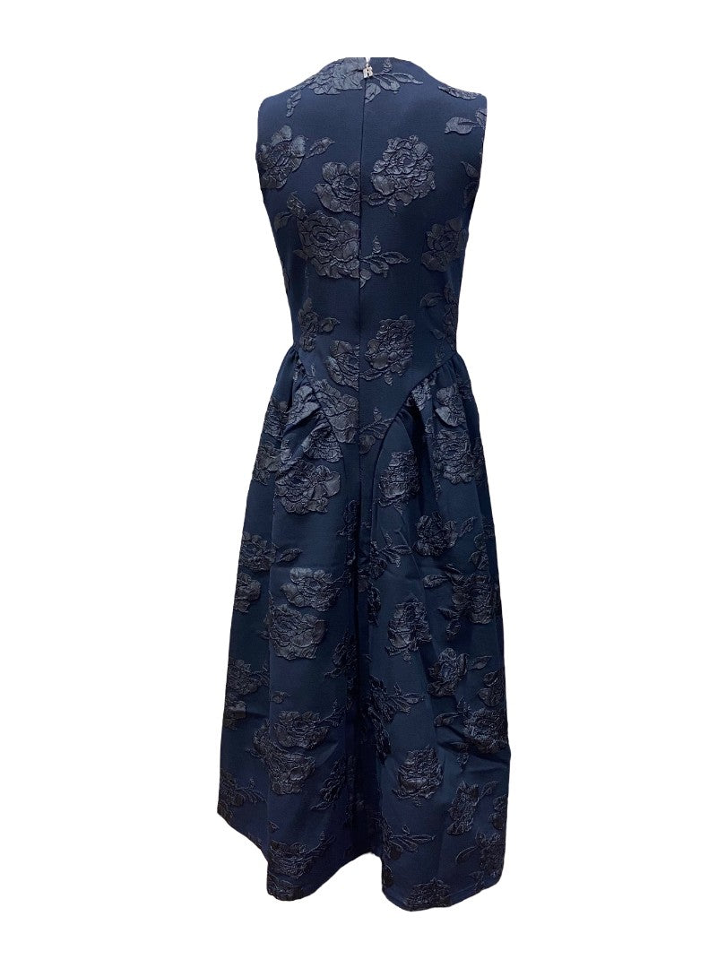 Kleid-Rotate-Tailliert-ausgestelltes-Rockteil-Ärmellos-Blüten-Design-dunkelblau-blau