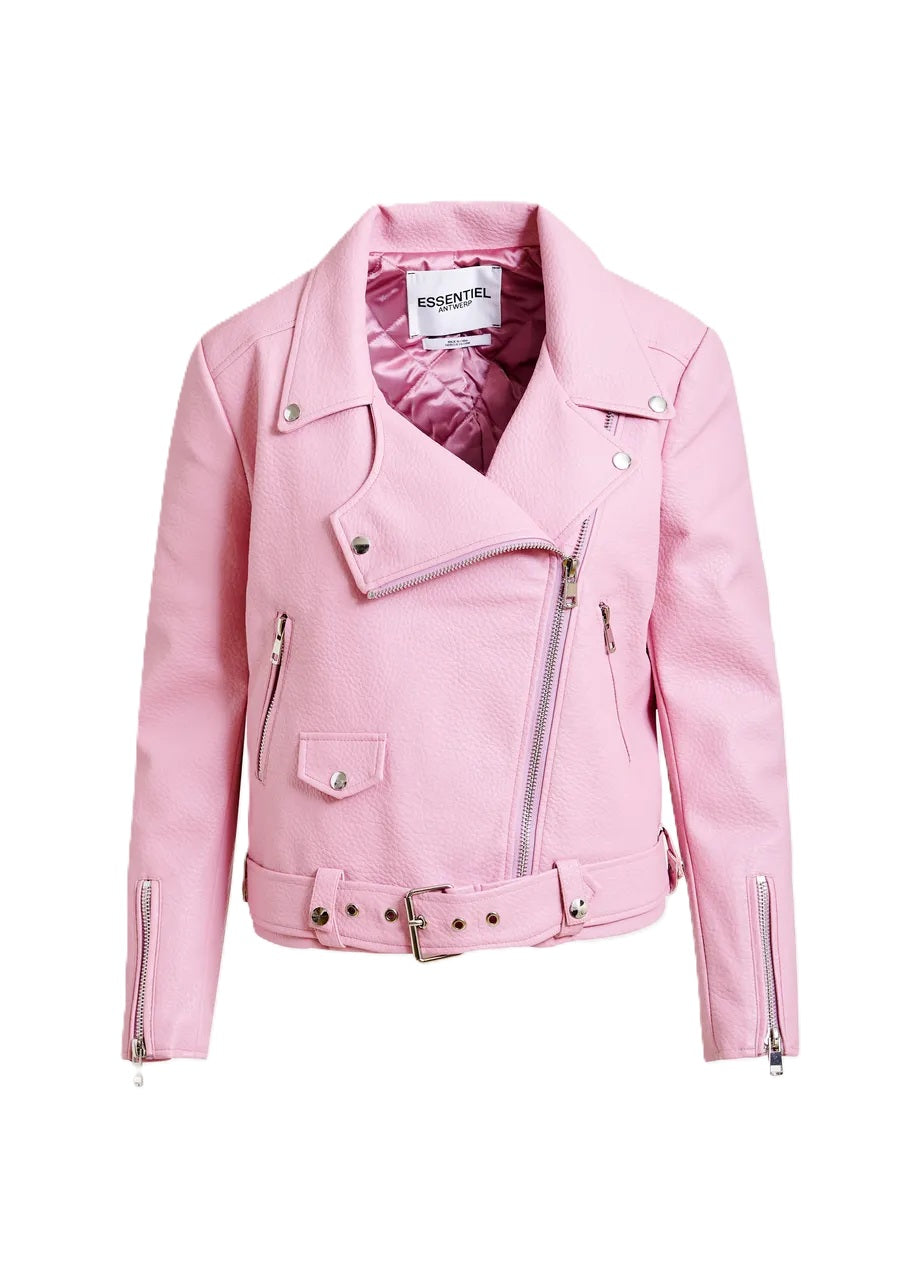 Jacke-Essentiel Antwerp-Jup-Lederjacke-Asymmetrisches Revers-
Reißverschluss-Kunstleder-Gürtel-pink-rosa