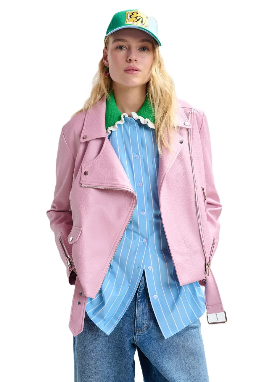 Jacke-Essentiel Antwerp-Jup-Lederjacke-Asymmetrisches Revers-
Reißverschluss-Kunstleder-Gürtel-pink-rosa