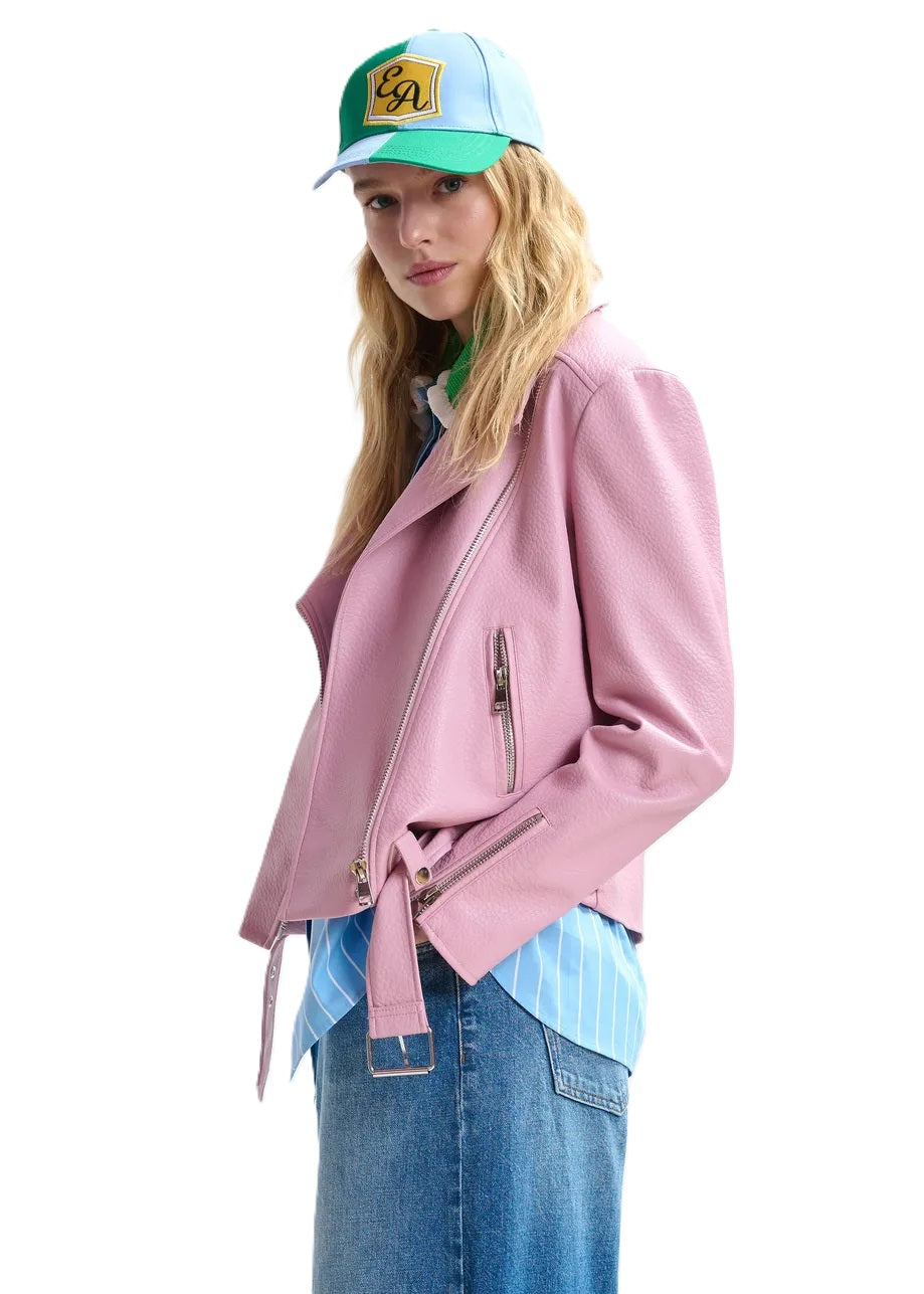 Jacke-Essentiel Antwerp-Jup-Lederjacke-Asymmetrisches Revers-
Reißverschluss-Kunstleder-Gürtel-pink-rosa