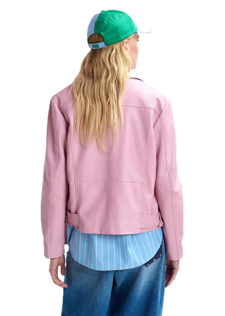 Jacke-Essentiel Antwerp-Jup-Lederjacke-Asymmetrisches Revers-
Reißverschluss-Kunstleder-Gürtel-pink-rosa