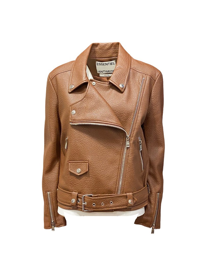 Jacke-Essentiel Antwerp-Jup-Lederjacke-Asymmetrisches Revers-
Reißverschluss-Kunstleder-Gürtel-gingerbread-braun