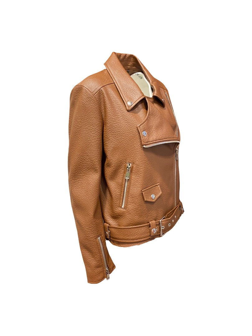 Jacke-Essentiel Antwerp-Jup-Lederjacke-Asymmetrisches Revers-
Reißverschluss-Kunstleder-Gürtel-gingerbread-braun