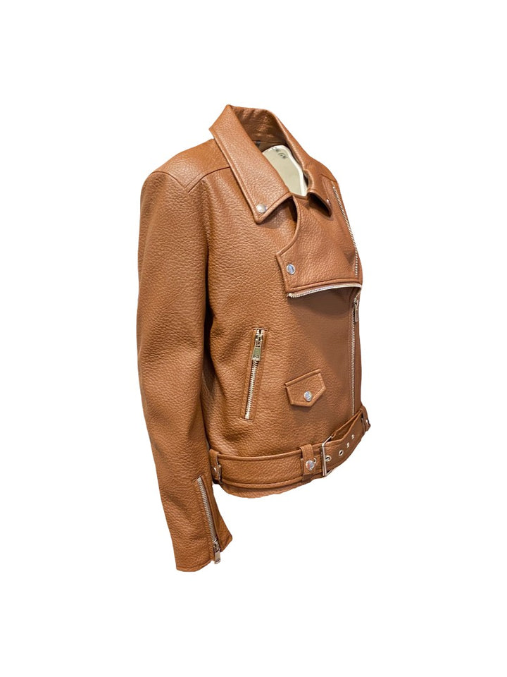 Jacke-Essentiel Antwerp-Jup-Lederjacke-Asymmetrisches Revers-
Reißverschluss-Kunstleder-Gürtel-gingerbread-braun