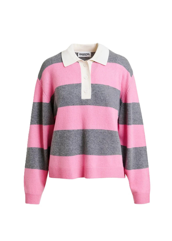 Pullover-Essentiel Antwerp-Jezebel-gesteift-kragen-pink-rosa-grau-Ellenbogen-Patches