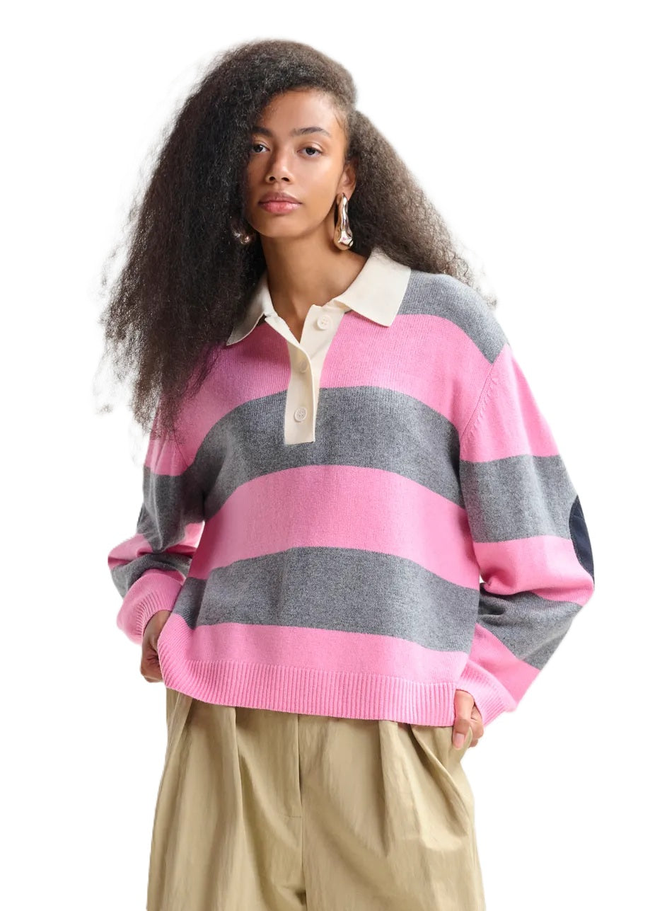 Pullover-Essentiel Antwerp-Jezebel-gesteift-kragen-pink-rosa-grau-Ellenbogen-Patches