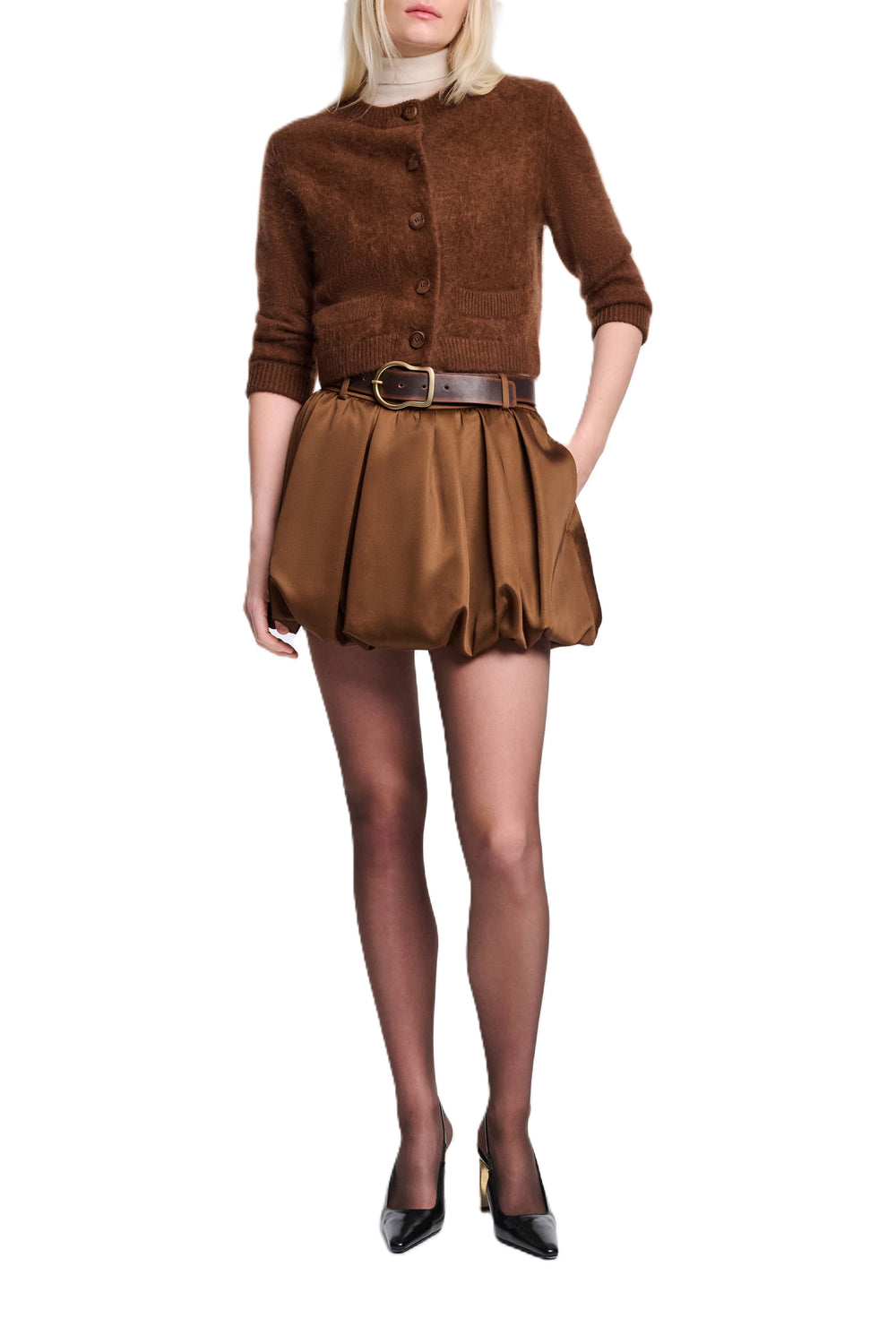 Cardigan-Dorothee Schumacher-FLUFFY STATEMENTS cardigan-fluffy knit-Rundhals-Knopfleiste-braun-kurz-schmal