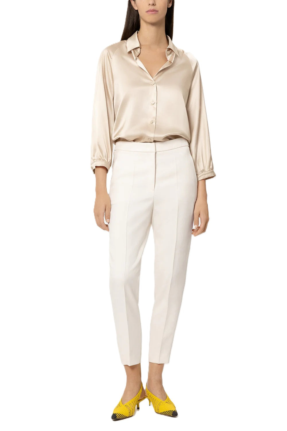 Bluse-Luisa-Cerano-Seide-Hemdkragen-Knöpfe-camel-beige-gold