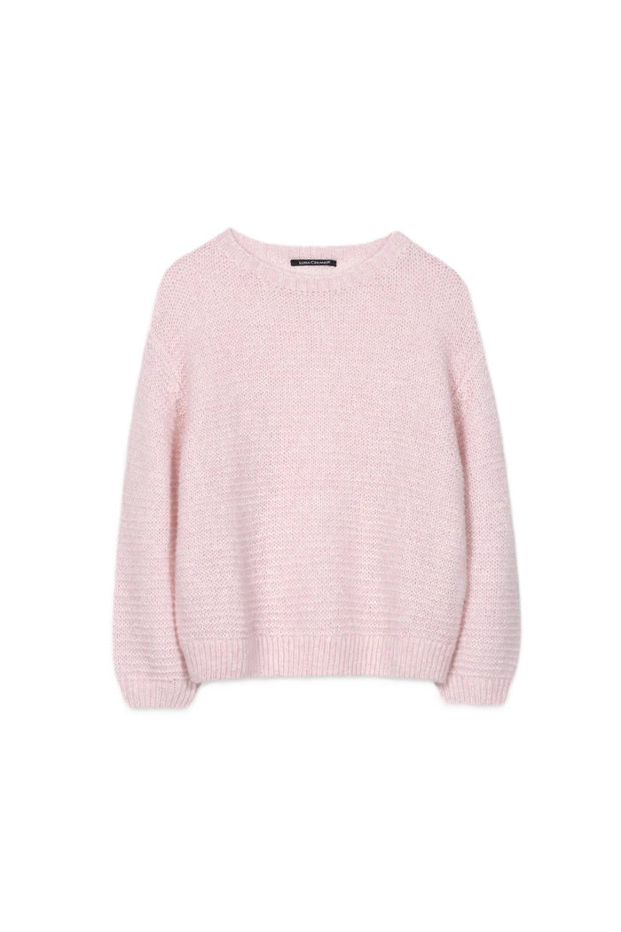 Pullover von Luisa Cerano in rosa mit offener Struktur. Rundhals mit Alpaka in rosa.