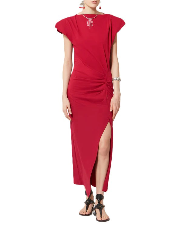 Kleid-Isabel Marant-NADELA-UBoot Ausschnitt-elegant-midi-falten-rot-cherry