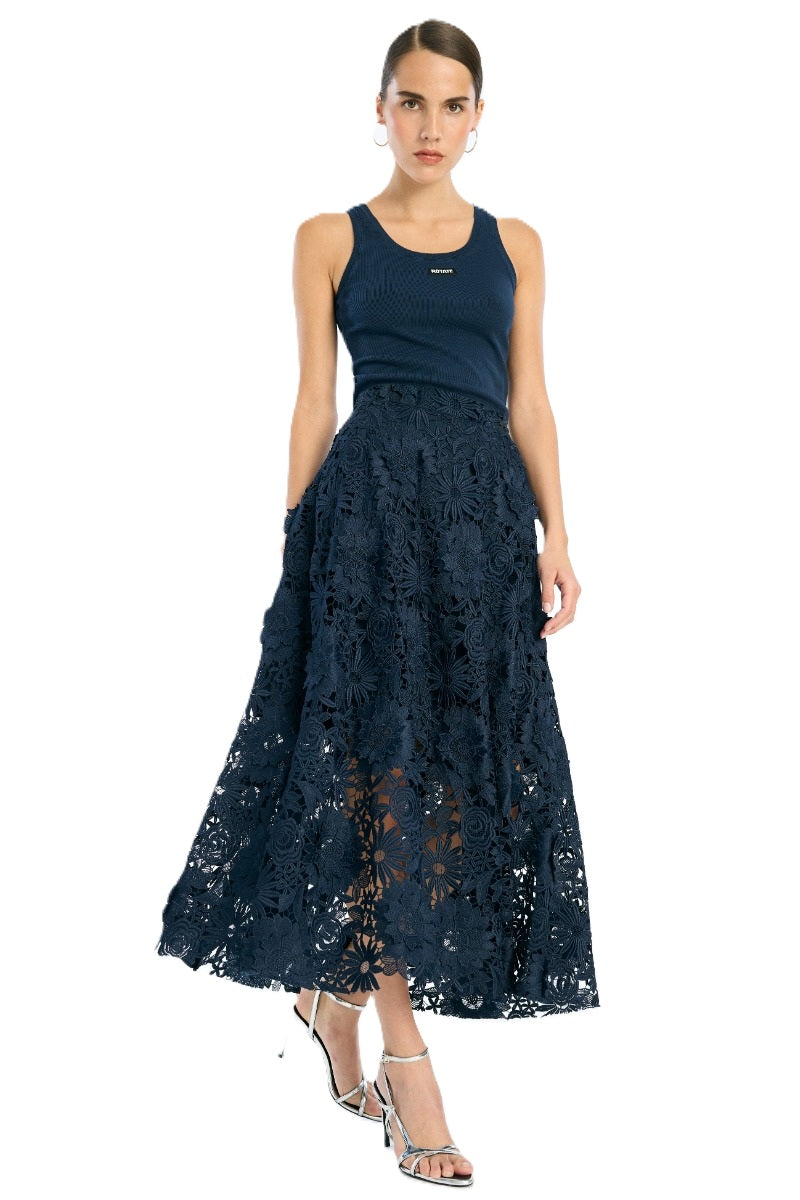 Rock-Rotate-Midi-Länge-Florale 3D-Spitze-dunkelblau-blau