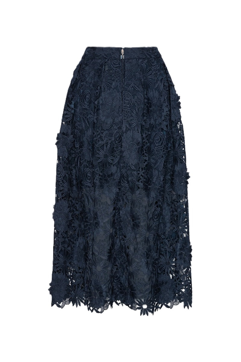 Rock-Rotate-Midi-Länge-Florale 3D-Spitze-dunkelblau-blau
