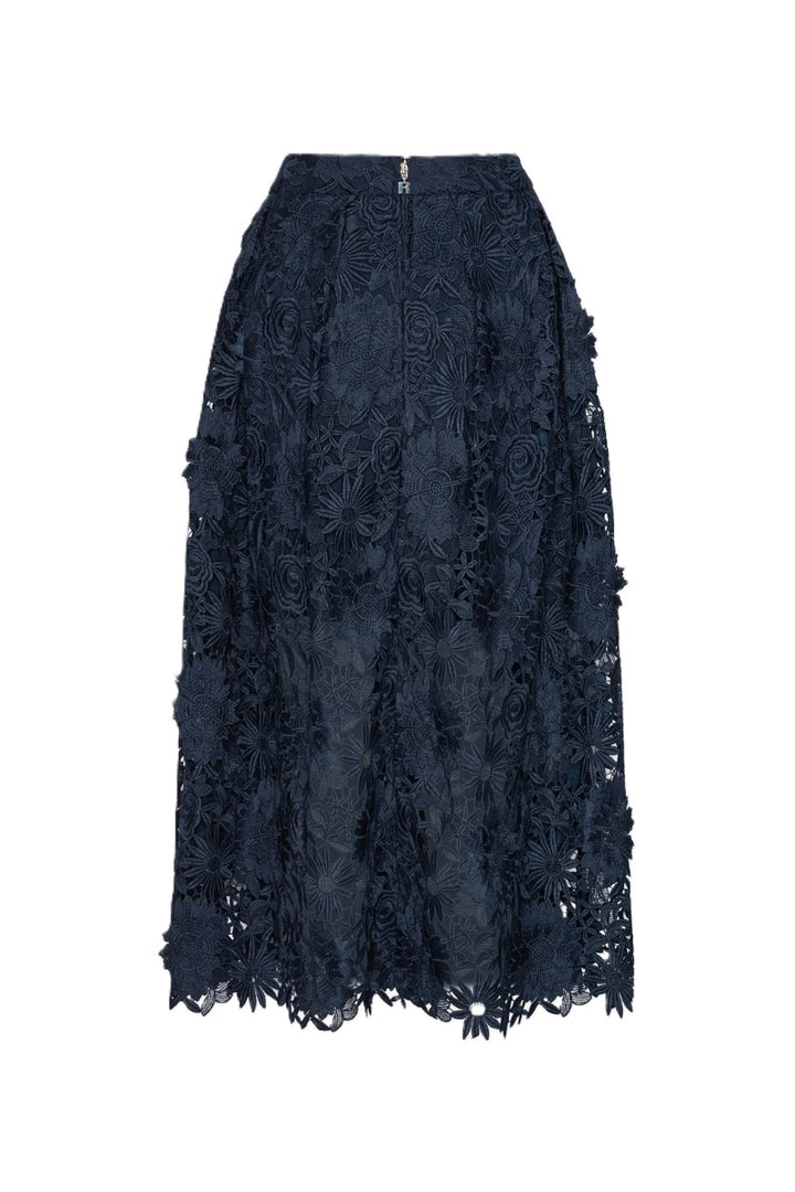 Rock-Rotate-Midi-Länge-Florale 3D-Spitze-dunkelblau-blau