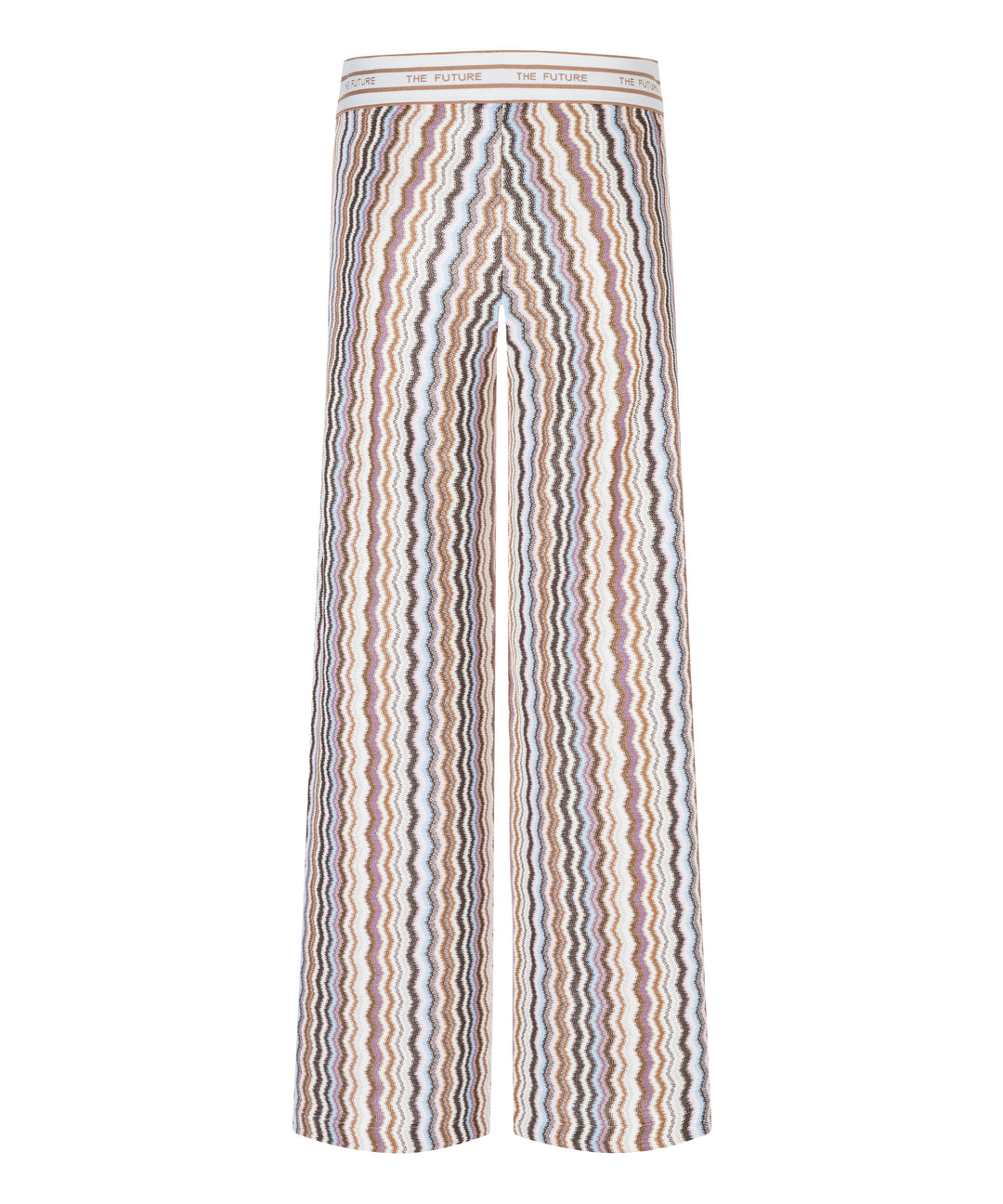 Hose von Cambio Allison im zickzack Muster und wording am Gummibund. Die Hose ist lang und gerade und sieht wie Missoni aus. 