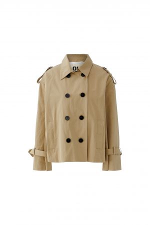 Oui-Outdoorjacke-beige-Trenchcoat-Kellerfalte-Schulterklappen-Taschen-Knoepfe