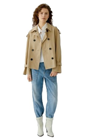 Oui-Outdoorjacke-beige-Trenchcoat-Kellerfalte-Schulterklappen-Taschen-Knoepfe