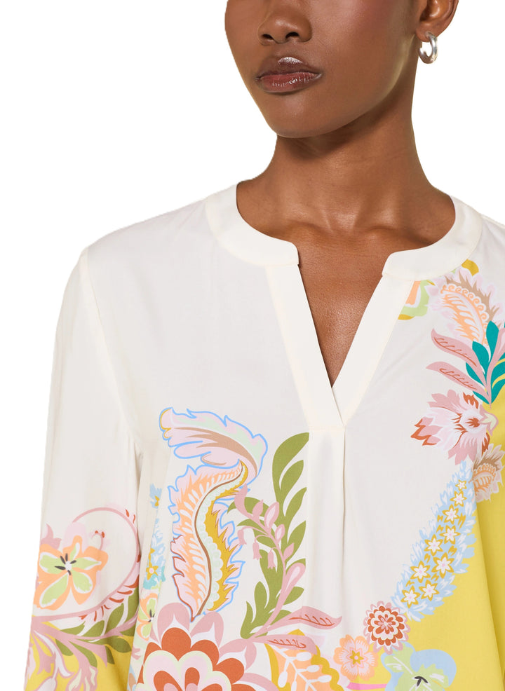 Bluse-Herzens-Seide-Multi-bunter-blumen-floral-Print-Buttergelb-gelb-weiß