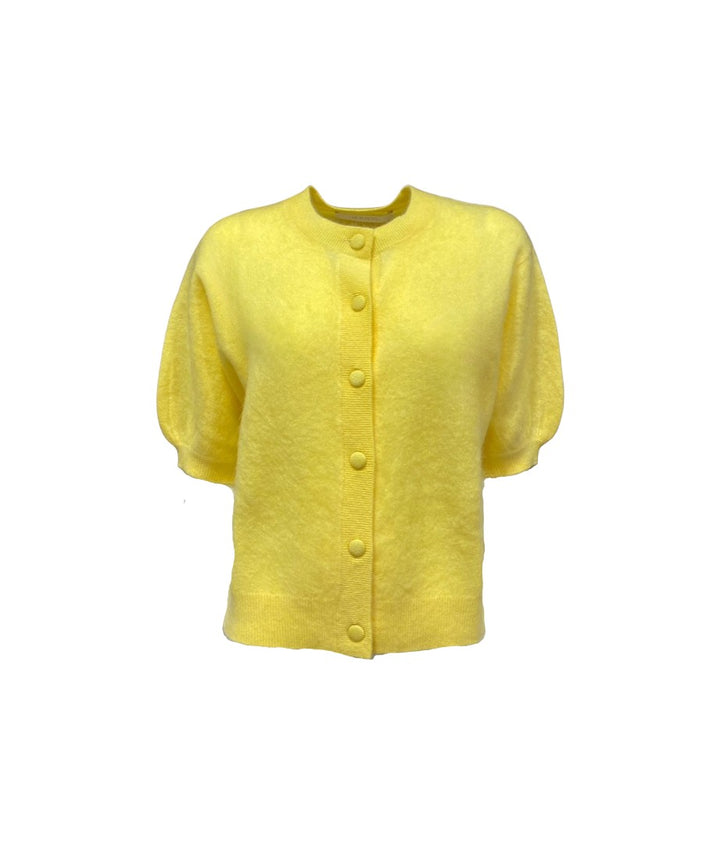 Cardigan-Herzens-Pullover-Kurzarm-Cropped-Buttergelb-sommer-Brushed-weich-Knöpfe-Ballonärmel