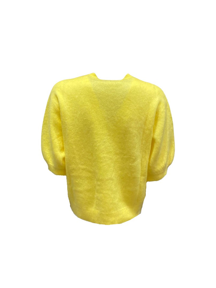 Cardigan-Herzens-Pullover-Kurzarm-Cropped-Buttergelb-sommer-Brushed-weich-Knöpfe-Ballonärmel