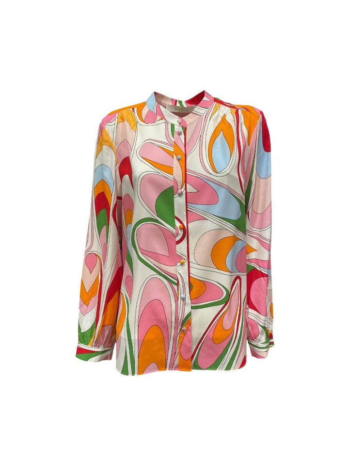 Bluse-Herzens-Seide-Multi-bunter-Print-Knöpfe-sommerlich-set