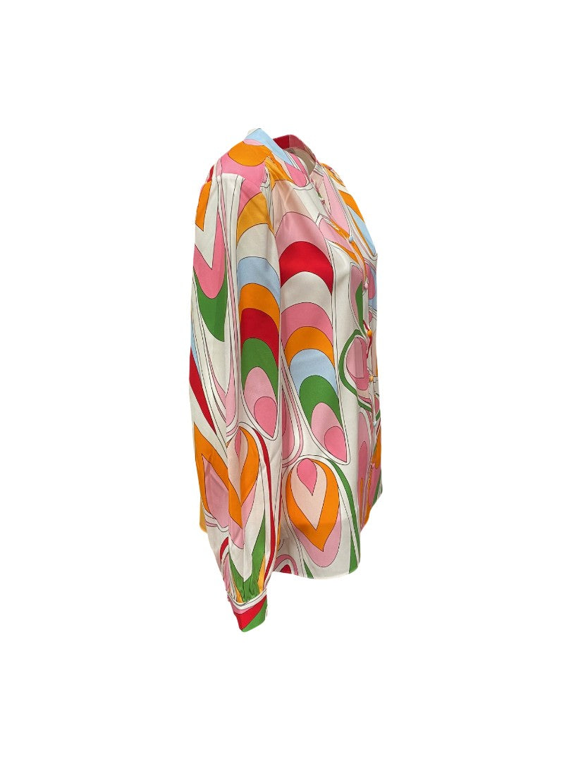 Bluse-Herzens-Seide-Multi-bunter-Print-Knöpfe-sommerlich-set